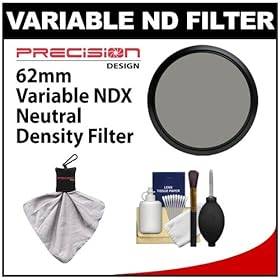 Precision Design 62mm Variable NDX Neutral Density Filter with Cleaning Kit for Canon, Nikon, Sony, Olympus & Pentax Lenses