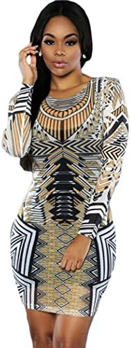 Vicity Women's Long Sleeve Aztec Tribal Print Bodycon Dress Clubwear (M, Yellow)
