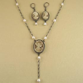 Victorian Cameo Long Necklace Earrings Set Brown