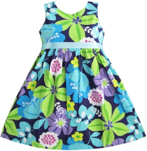 Girls Dress Blue Belt Flower Print Party Kids Sundress Size 2-10