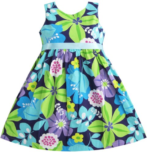 Sunny Fashion Girls Dress Blue Belt Flower Print Party Sundress