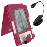Magenta Full Genuine Leather Flip Case and Book Light for Amazon Kinde 2 (Old Version) E-Reader Reading Device (Kindle NOT Included)