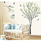 Wallmates Home Decorative Mural Decal Art Vinyl Wall Sticker Blue Bird Cages Green Tree Wallpaper