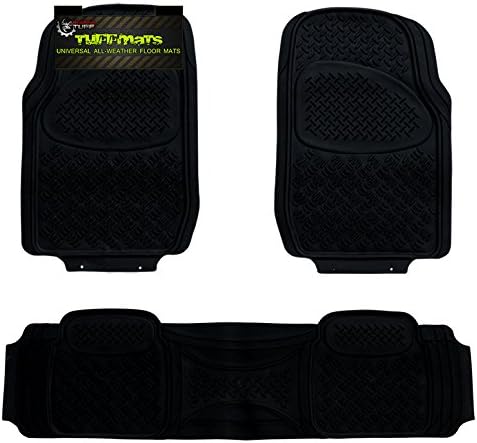 TUFFMATS 3-Piece 3PC Black Universal Trim-Fit Floor Mat Covers Durable for Any Weather and Odor Resistant with Dirt &amp; Debris Pockets fits All Automobiles by Rugged TUFF