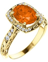 18K Yellow Gold 9.00x7.00mm Oval Cut Mexican Fire Opal and Diamond Ring -- LIFETIME WARRANTY
