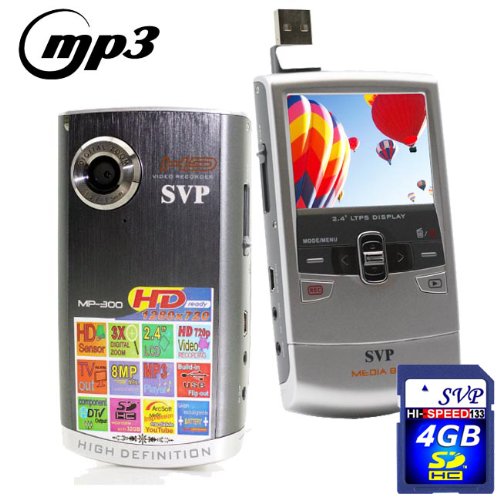 SVP MP300 HD MP3 Player and Pocket HD Video Grey Camera, YouTube Software w 4GB SD