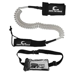 SUP Leash 10' COILED Great for Stand up Paddle Boarding! by 'Own the Wave' (tm) - Double Stainless Steel Swivels and Triple Wrap Rail Saver (White)
