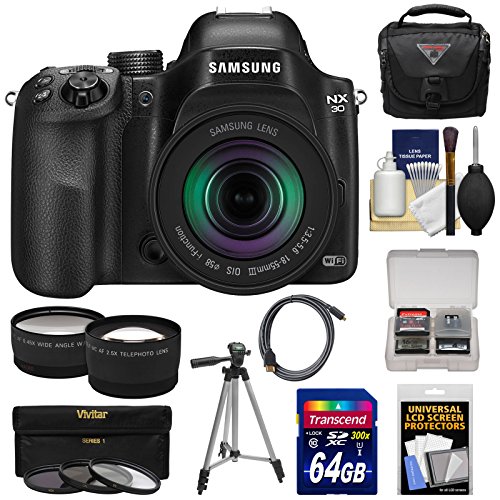 Samsung NX30 Smart Wi-Fi Digital Camera & 18-55mm Lens with 64GB Card + Case + Tripod + 3 Filters + Tele/Wide Lens Kit