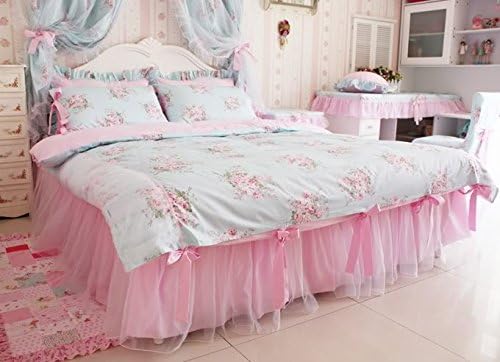 bedspread sets full Princess Blue Floral Rose Bedding Duvet Comforter Cover Set King Queen Full Twin bedspread sets full size (Twin size bed)