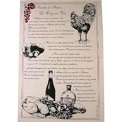 Coq au Vin (Chicken in red wine sauce) classic recipe on Printed Towel. Terroirs de France Tea Towel
