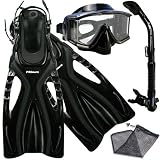 PROMATE Snorkeling Scuba Dive SIDE-VIEWED PURGE Mask Fins Dry Snorkel Gear Set, BKBK, MLXL