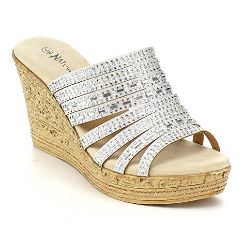 Nature Breeze Warrant-01 Women's Rhinestone Glitter Slingback Wedge Sandals