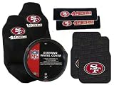 7 Piece NFL Gift Set - 2 Universal-Fit Molded Rubber Front Floor Mats and 2 Universal-Fit Seat Covers and 2 Seat Belt Shoulder Pads and Rubber Grip Steering Wheel Cover - San Francisco 49ers
