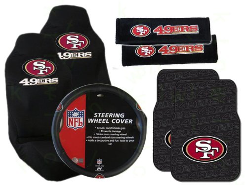 7 Piece NFL Gift Set - 2 Universal-Fit Molded Rubber Front Floor Mats and 2 Universal-Fit Seat Covers and 2 Seat Belt Shoulder Pads and Rubber Grip Steering Wheel Cover - San Francisco 49ers