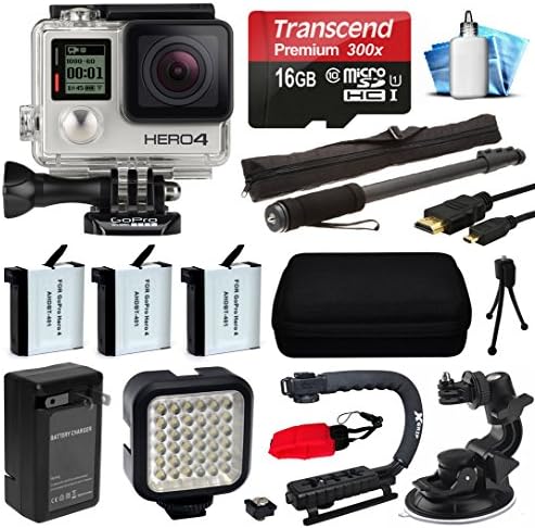 GoPro HERO4 Hero 4 Silver Edition 4K Action Camera Camcorder with Premium Accesories Package includes 16GB MicroSD Card + 3x Extra Batteries with Home & Car Charger + Opteka xGrip Action Video Stabilizer + Night LED Video Light + Car Suction Cup Mount Attachment + HDMI Micro Cable + Self Selfie Stick Monopod Handle + Medium Travel Case + Mini Tripod + Dust Cleaning Care Kit (CHDHY-401)