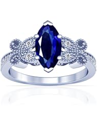 14K White Gold Marquise Cut Blue Sapphire Ring With Sidestones