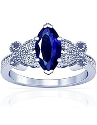 18K White Gold Marquise Cut Blue Sapphire Ring With Sidestones