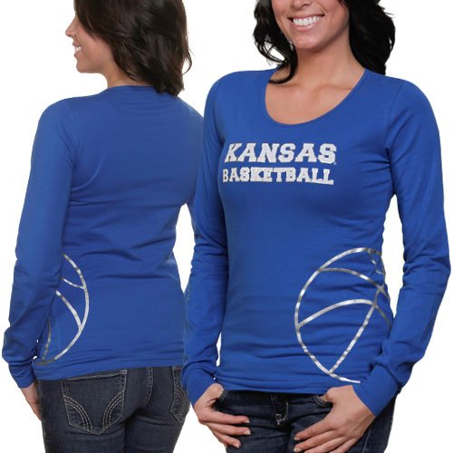 Kansas Jayhawks Ladies Metallic Basketball Premium Long Sleeve T-Shirt - Royal Blue (Medium)