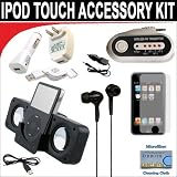 10 pc. Accessory kit for iPod Touch 7/16/32GB. Includes Black portable stereo speaker w/cable 3-in-1 iPod charging kit (1000mAH) Car FM Transmitter w/power cable Black Mini soft Earbuds Reusable Pre-Cut Screen Protector and a DBROTH Microfiber Cleaning Cloth