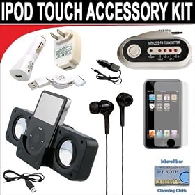 10 pc. Accessory kit for iPod Touch 7/16/32GB. Includes Black portable stereo speaker w/cable 3-in-1 iPod charging kit (1000mAH) Car FM Transmitter w/power cable Black Mini soft Earbuds Reusable Pre-Cut Screen Protector and a DBROTH Microfiber Cleaning Cloth