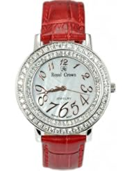 Royal Crown 3632 Womens Jewelry Diamond Watch Round Dial Red Leather Strap Wristwatch