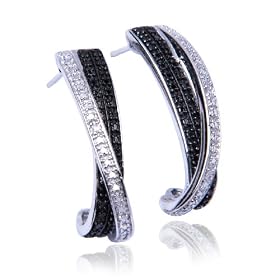 Sterling Silver Black and White Diamond Criss Cross Half Hoop Post Earrings