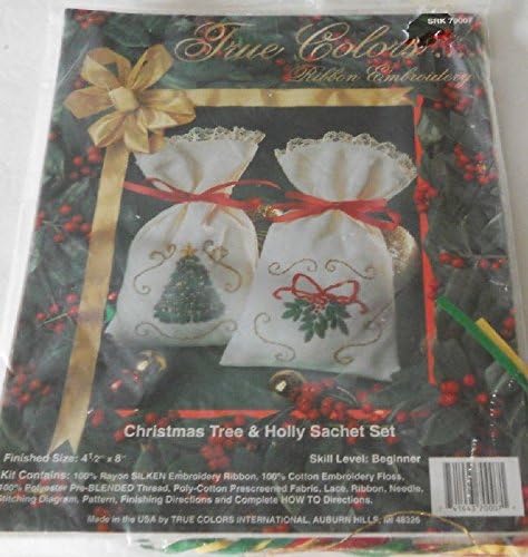8" Christmas Tree & Holly Sachet Set - Ribbon Embroidery Kit SRK 70007