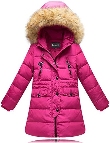 Roseate Girls' Quilted Puffer Dress Coat with Faux Fur Trim Hood Rose