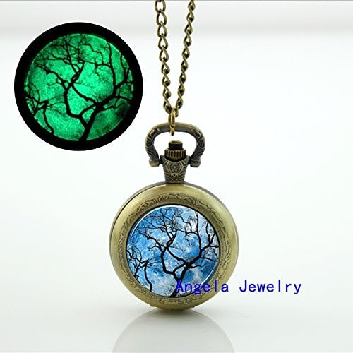 Pretty Lee Fashion Clear Night Glowing Pocket Watch Necklace Tree Jewelry Pocket Watch Glowing Necklace