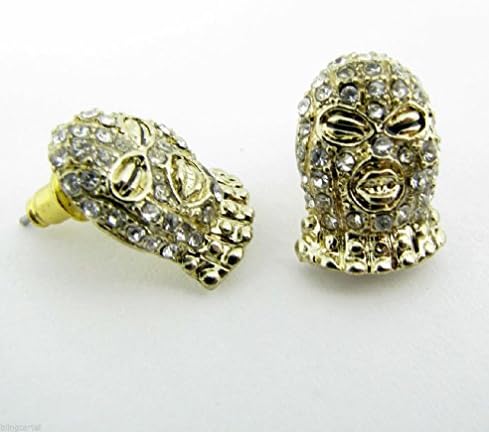 Uer Fashion Goon Mask Masked Man Luchador Wrestler Ninja Iced-Out Golden Tone Bling EarRings