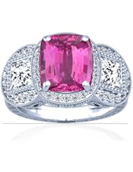 Platinum Cushion Cut Pink Sapphire Ring With Sidestones