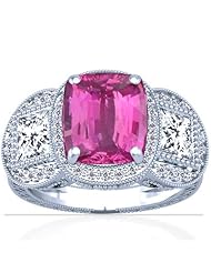 14K White Gold Cushion Cut Pink Sapphire Ring With Sidestones