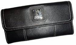 Women's Tignanello Wallet Touchables Flap Check Clutch Genuine Leather Black