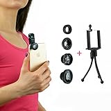 iPhone Lens 4 in 1 Clip Kit FishEye 180 Degree & 0.67 Wide Angle & Telephoto Zoom In 2x & Macro for iPhone 6 6+ 6S 5C/S 5 Android SmartPhones + With Free Bonus Tripod & Soft Microfiber Cloth
