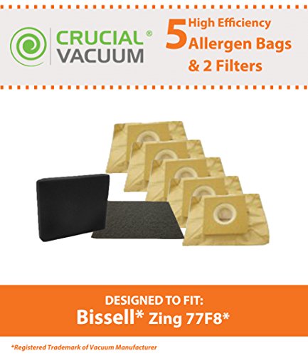 5 Bissell Zing Bags & 2 Filters Fit Zing 22Q3 Series Vacuum Cleaner & Total Home Cleaning Canister, Compare to Part # 77F8, Designed & Engineered by Crucial Vacuum