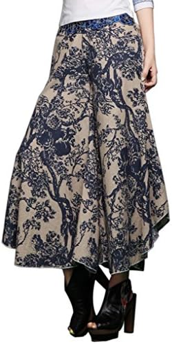 CDCLOTH Women's Vintage Printed Linen Wide Leg Long Pants Ladies Loose Casual Slacks One Size Apricot1