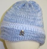 Ht641, Knitted on Hand Knitting Machine Denim and Blue Tweed Cotton Finished By Hand Crochet Infant Cap with Antique Brass Teddy Bear Button
