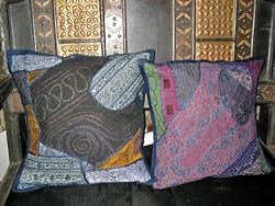 2 Blue Gujrati Embroidered Sari Toss Pillow Cushion Covers
