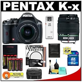 Pentax K-x Digital SLR Camera (Black) with 18-55mm Zoom & 50-200mm Lens + 16GB SDHC Card + AA Batteries & Charger + Filter + Accessory Kit