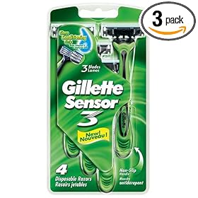 Gillette Sensor3 Disposable Razors for Sensitive Skin, 4-Count Packages (Pack of 3)