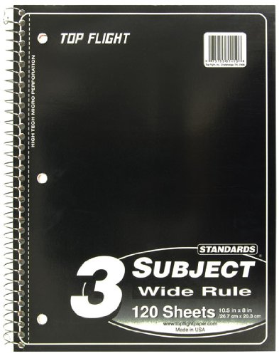 Top Flight Standards 3-Subject Wirebound Notebook, 120 Sheets, 3-Hole Punched, Wide Rule, 10.5 x 8 Inches, 1 Notebook, Color May Vary (31410)