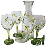 ArtisanStreet's Dragon Fly Wine Glasses & Carafe 5 Piece Set. Each Piece Features a Green Dragonflies in Random Poses. Glass Bases and Stems Match the Green of the Dragonflies. One of a Kind & Signed by Artisan.