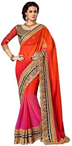 Lavri Women's Chiffon Designer Saree With Un-Stitched Blouse (Orange, Free Size)