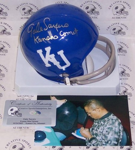 Gale Sayers Autographed/Hand Signed Kansas Jayhawks 2-Bar Mini Helmet with Kansas Comet Inscription