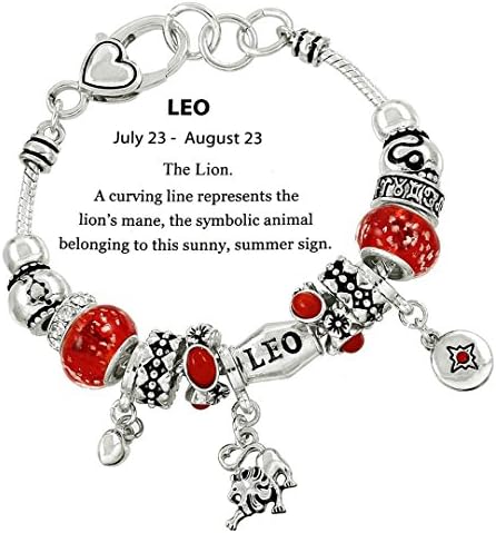 Leo Charm Bracelet Zodiac Lion D3 Orange Crystal Murano Beads July Aug