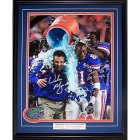 Autographed Dallas Baker and Urban Meyer Photo - & Framed Gatorade Shower 16x20