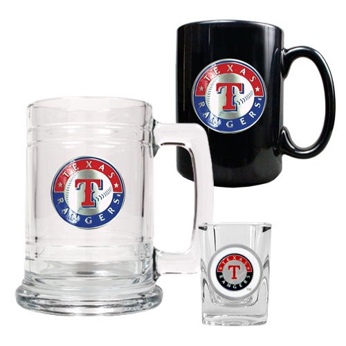 (BSS) - Great American Products - Texas Rangers MLB 15oz Tankard, 15oz Ceramic Mug & 2oz Shot Glass Set - Primary Logo