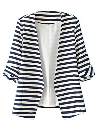 Choies Women's Blue And White Stripes Roll Up Sleeve Slim Blazer Casual Jacket