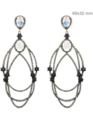 Couturechics 925 Sterling Silver & 14k Gold 11.40 Ct Blue Sapphire & Rainbow Moonstonet Natural Diamond Pave Setting Designer Fashion Dangle Earrings Handmade Jewelry