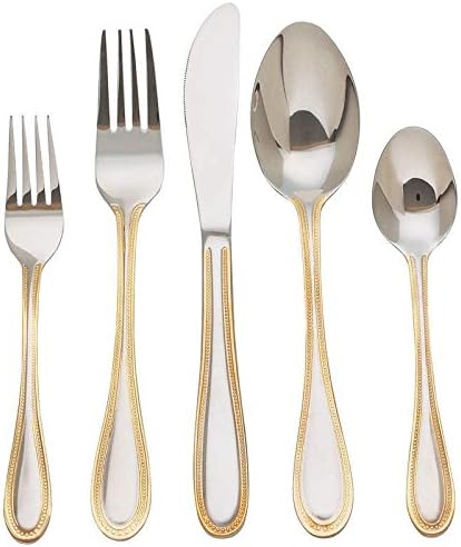 New Surgical Stainless Steel 20 Pc Flatware Set Gold Trim Knife Fork Spoon